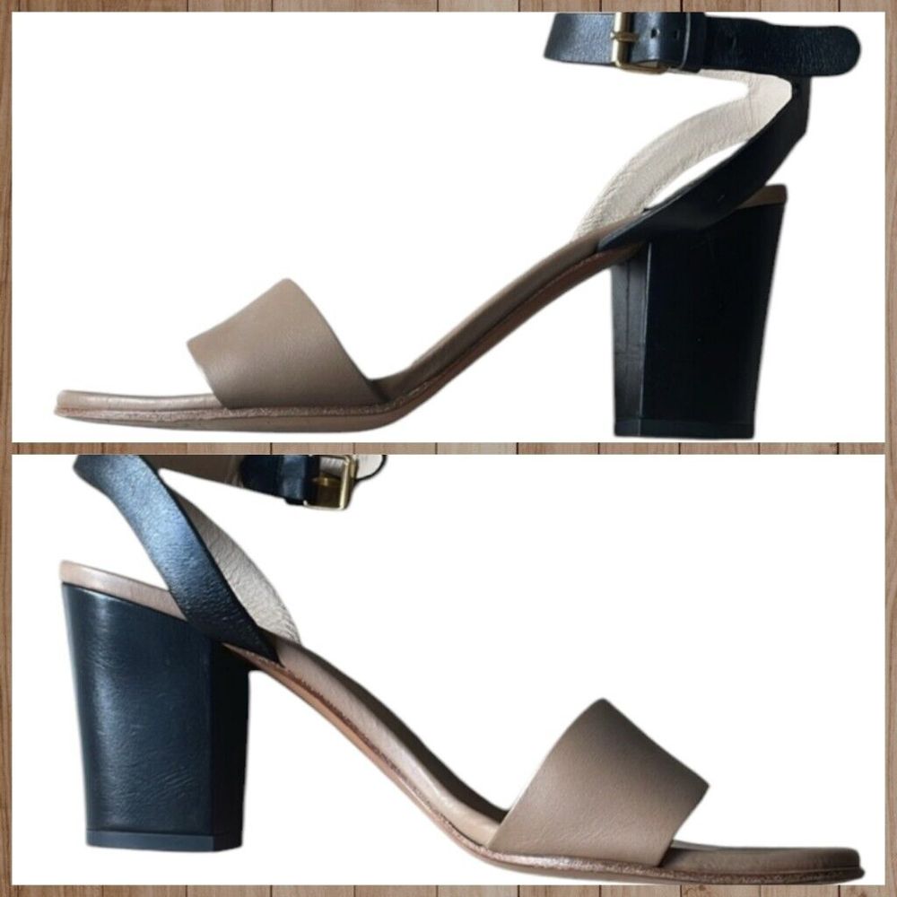 Chloe Women's Two-Tone Leather Block Heel Ankle Strap Sandal Size 36 Black Beige